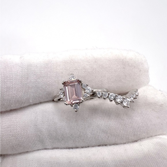 .925 Sterling Silver Light Morganite Cz & Clear Cz 2 PC Ring Set - Picture 5 of 17